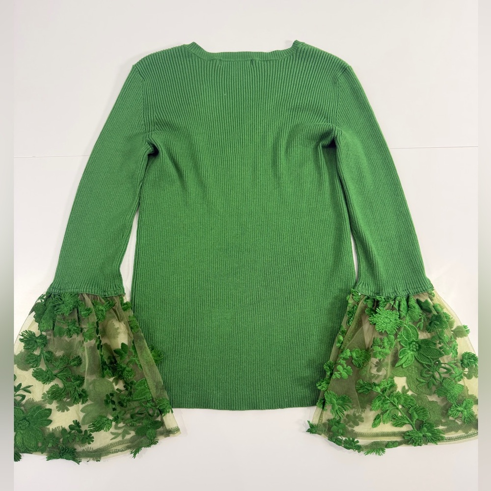 Green Ribbed V Neck Top Sheer Embroidered Bell Sleeve Cottagecore Fairy Boho M - Picture 10 of 11
